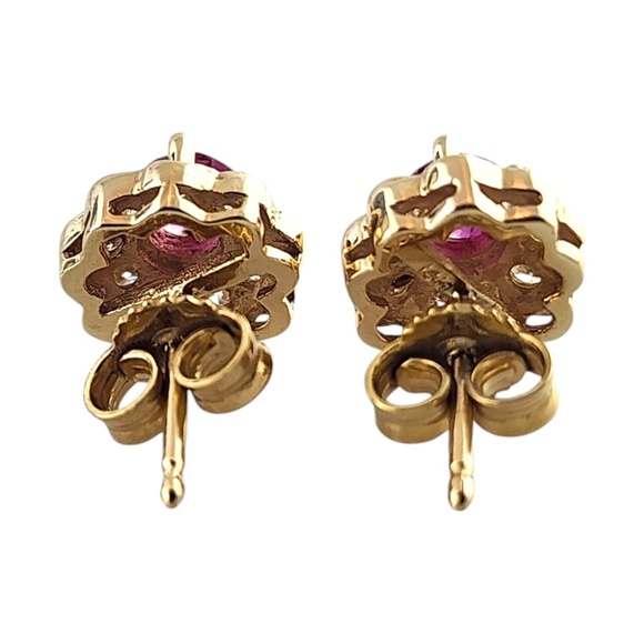 14 Karat Yellow Gold Diamond & Natural Pink Sapphire Halo Stud Earrings #19021 - Picture 5 of 8